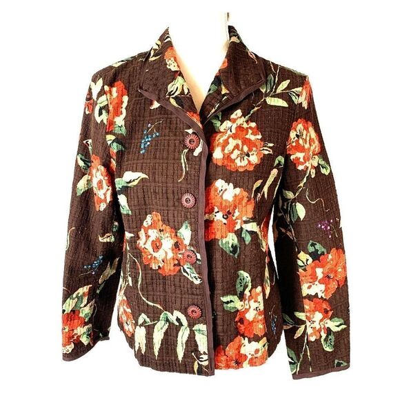Koret Petite Brown Floral Blazer Jacket Sz PM Petite - Picture 1 of 12